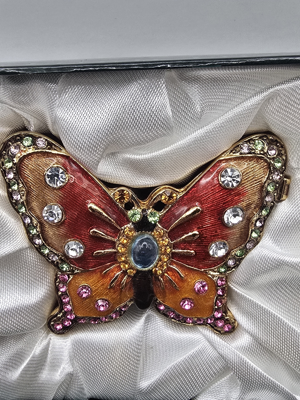 Fitz and Floyd Red & Orange Butterfly Crystal Trinket Box New 2004